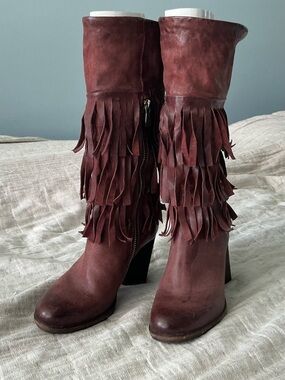 A.S.98 Burgundy Layered Fringe Mid-Calf Leather Boots